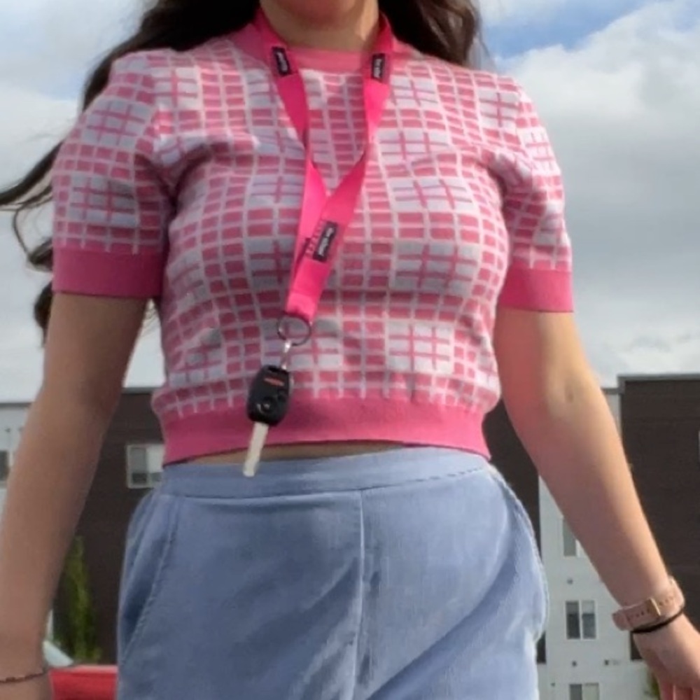 Listicle Pink and White Plaid Knit Top